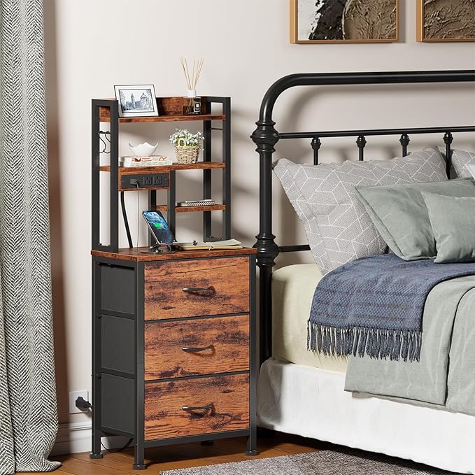 Tall Nightstand, 45.3" Bedside Table & End Table, 3 Fabric Drawers | RGB LED Lights & USB Ports & type-C, App + Key Control, 4-Tier Storage Shelves, Night Stand for Bedroom/Dorm/Office
