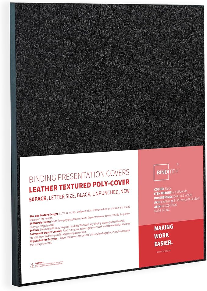 Binditek 16 Mil Leather-Textured Polycovers, 8.5x11 Inches, Black, 50 Pack | Leather-Textured Binding Covers, 8.5x11 Inches Letter Size, Plastic Binding Presentation Covers, Square Corners, Unpunched