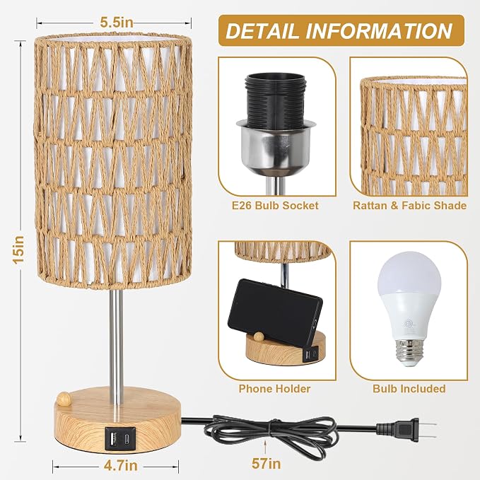 Boho Table Lamp for Bedroom with Bulb, Small Touch Control Table Lamp for Living Room with Rattan & Linen Shade, 3 Way Dimmable Bedside Lamp for Nightstand with USB Charging Port & Phone Stand