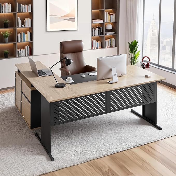 VEVOR 63" L-Shaped Executive Desk, Large Office Desk with Drawers, File Storage Cabinet, Detachable 350 LBS Load Capacity Corner Table, Easy Assembly, Business Furniture Workstation for Home Office
