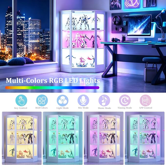 Corner Display Cabinet with Glass Doors, 3-Tier Curio Cabinets with RGB Lights, 42" Display Case with Wood Shelves for Collectibles, White
