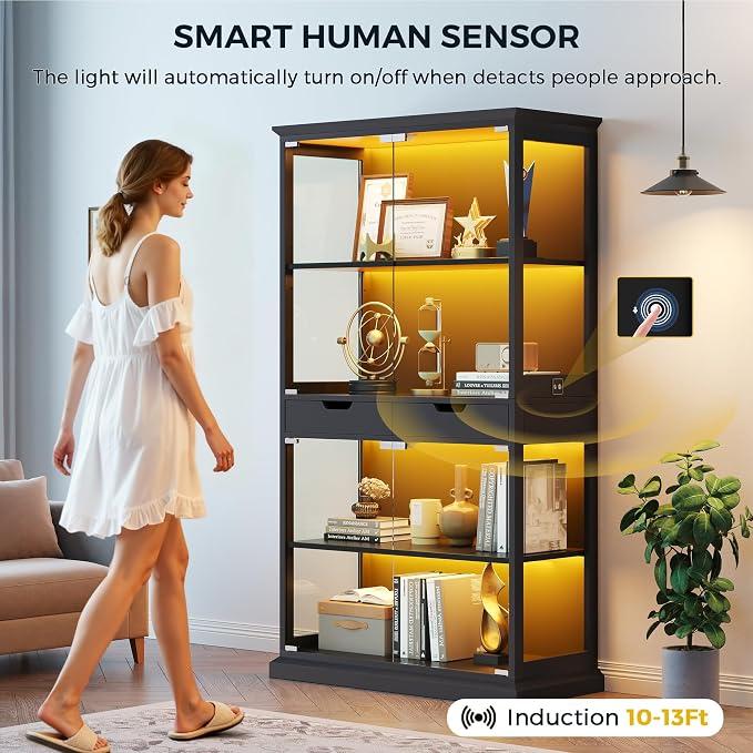 Jocoevol Display Cabinet with Glass Doors, 4-Tier Curio Cabinet with with 2 Drawers for Collectibles, Modern Glass Display Case Human Body Sensor & RGB Lights for Living/Game Room