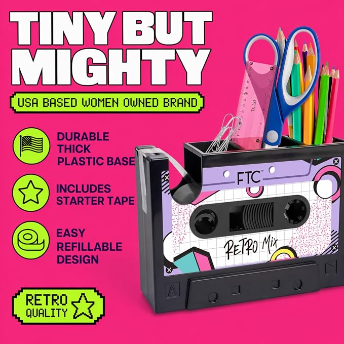 FTC Cassette Tape Dispenser, Retro Desk Organizer & Pen Holder – Fun Novelty Office Supplies for Home or Office 6.7” x 2” x 4.5” (Retro Mix Tape)