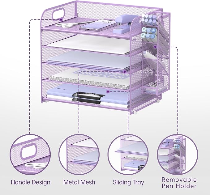 5-Tier Paper Organizer for Desk with Pen Holders, Letter Trays, Purple | Metal Mesh Desktop File Organizer with Removable Trays and 2 Handles for Paper, Files, Mail, Folders in Office Home or School