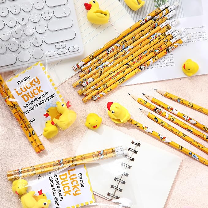 Inspirational Gift 50 Yellow Motivational Duck Pencils Cute Pencils 25 Duck Pencil Sharpener 25 Yellow Eraser 25 Welcome Cards Gift for Kids