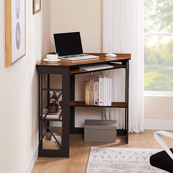 VECELO Corner Desk Computer Desk Writing Table with Smooth Keyboard Tray&Storage Shelves for Small Spaces/Compact Home Office Triangle Table,Teak Brown