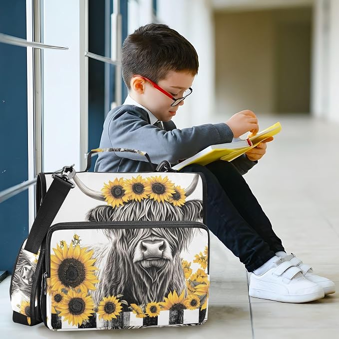 3 D-Ring Zipper Binder Bag, Gray Highland Cow Yellow Sunflower Removable Binder with Zipper Case Hold 300+ Sheets& 13 Inch Laptop for School Office Supplies Organizer