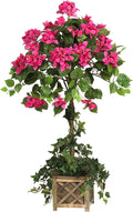 Nearly Natural 34 in Artificial Bougainvillea Topiary with Wood Box | Lifelike Pink Blooms, Maintenance-Free Lush Greenery, Rustic Decorative Wood Box, Indoor Home and Office Accents