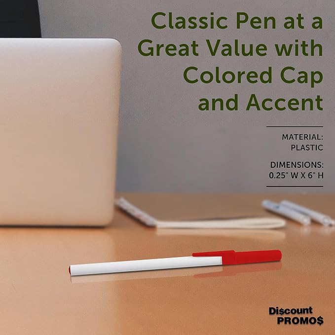 DISCOUNT PROMOS Value Stick Pens Set of 10, Bulk Pack - Blue Ink, Great for Office, School, Business, Tradeshows, Events - Red Cap