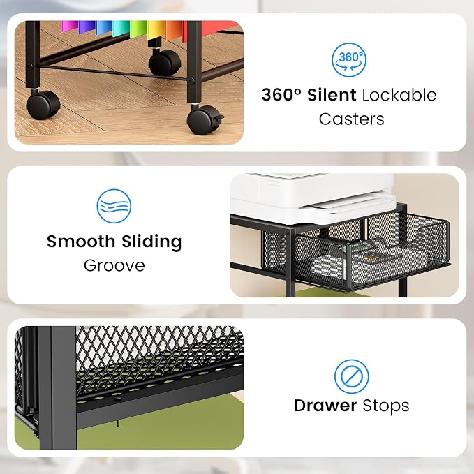 Cawukege 3 Tier Printer Stand, Small Mobile Table with Wheels, Printer Shelf Rolling Cart with Storage Desk Organizer Hanging File for Office Home, Black