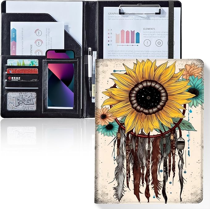 Padfolio/Portfolio Folder Clipboard,Padfolio Clipboard,Writing Portfolio Leather with Cover for Card Holder Slot Letter Size A4 for Office Conference Notepad Clip Boards,Sunflower Dream Catcher