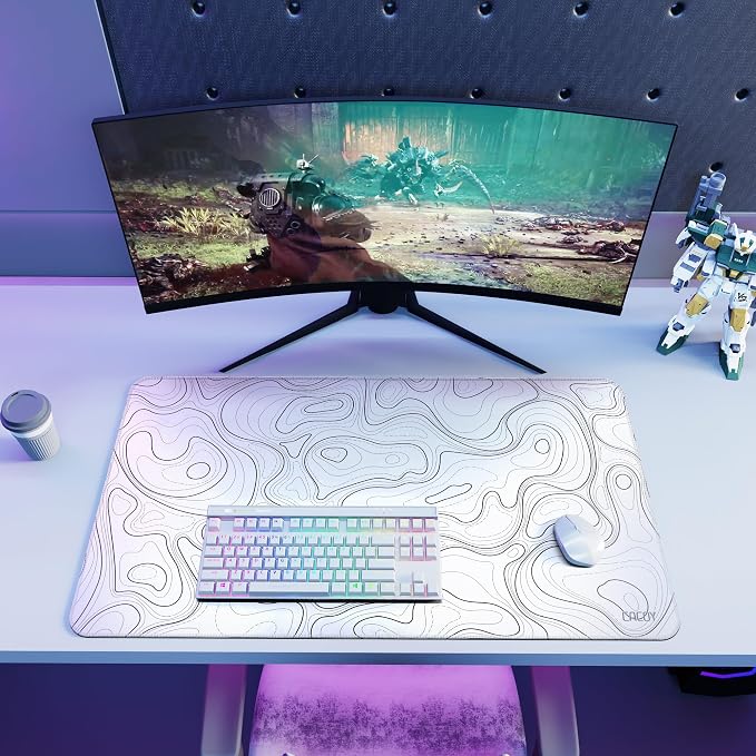 Cacoy 36"x20" Topographic Gaming Mouse Pad XXL, Extended Computer Desk Mat | White Topographic Contour Line Large Desk Pad for Keyboard and Mouse with Non-Slip Rubber Base Stitched Edges for Office Home