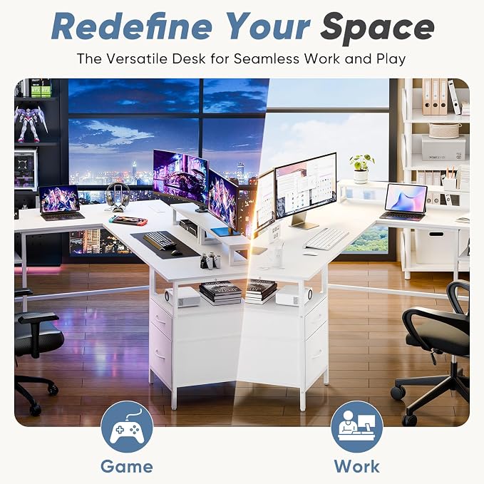 DUMOS L Shaped Gaming Desk with Charging Station & 2 Monitor Stands, Computer Desk with Drawer & Adjustable Storage Shelves, Large Corner Desk for Home Office, 62 Inch White