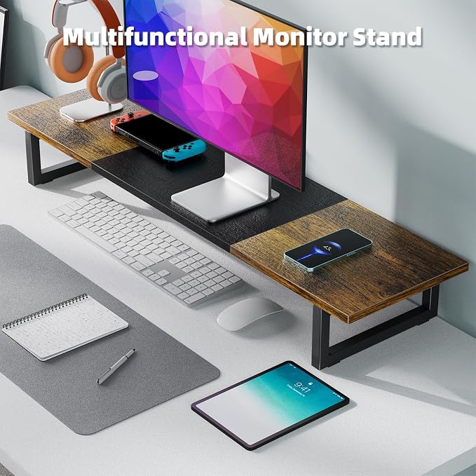 Simple Trending 38" Dual Monitor Stand Riser, Desk Organizer, Rustic Brown | Laptop & Printer Stand, for 2 Monitors, Wood and Steel, Ergonomic Support, Easy Setup, Home Office Desk, 38"W x 10.25"D x 5"H