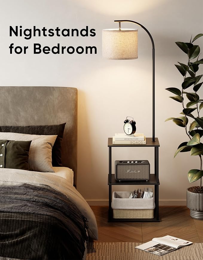 Floor Lamp with Table, Night Stand with Lamp, Narrow Side Table with 3CCT LED Bulb, Small Coffee Table, Modern End Table with Storage Shelves for Living Room Bedroom Home Décor, Black