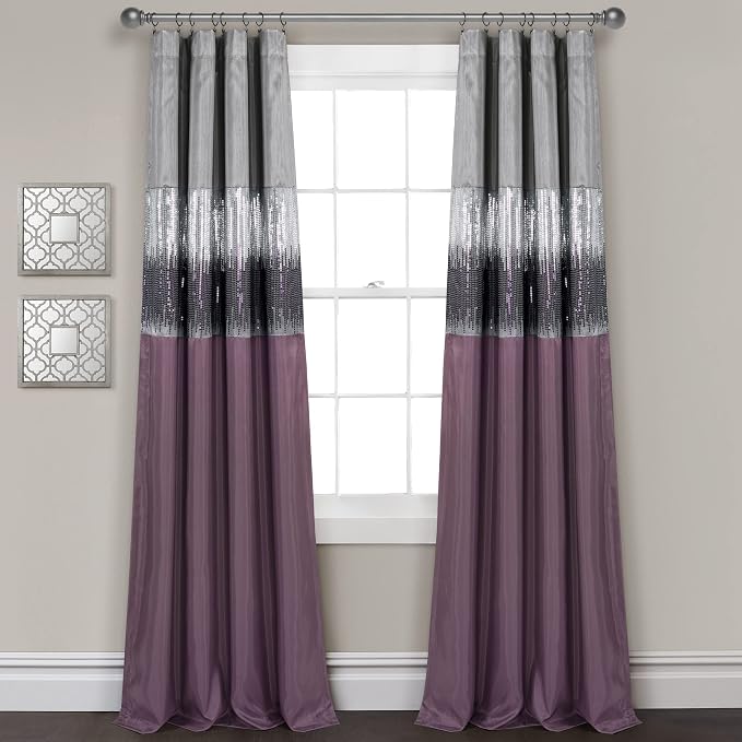 Lush Decor Night Sky 100% Blackout Lined Window Curtain Panel, Single, 42" W x 84" L, Purple & Gray - Sparkle Sequins & Color Block - Modern Glam Decor - Blackout Curtains For Bedroom & Living Room