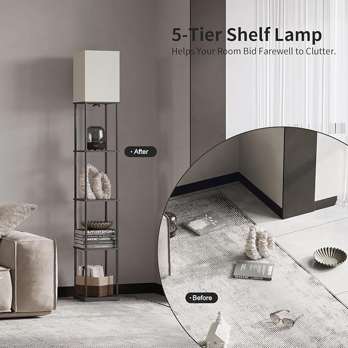 SUNMORY 5 Tier Floor Lamp with Shelves, Modern Square Standing Lamp with 3 Color Temperature Bulb, Corner Display Bookshelf Lamp for Living Room and Bedroom, Tall Shelf Floor Lamp | 3 CCT LED Bulb Include, 70" Tall Corner Shelf Lamp, Display Bookshelf,...