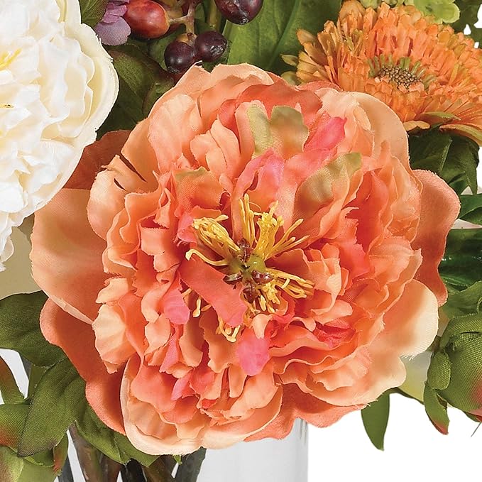 Nearly Natural 10 in Artificial Peony Arrangement in Glass Vase | Mixed Peony Faux Flower Blooms, Liquid Illusion Water in Glass Vase, Mini Table and Shelf Decor