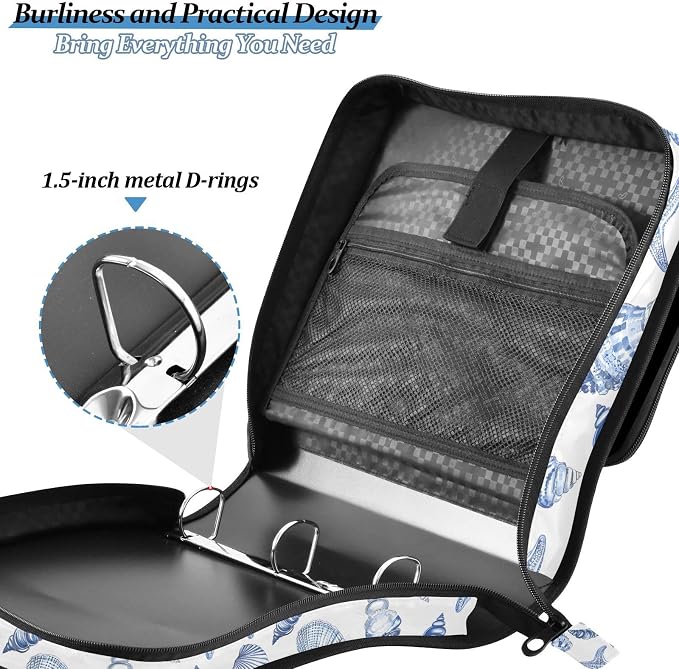 Navy Seashells Zipper Binder 3 Ring with Handle and Shoulder Strap, 500 Sheet Binder Organizer Capacity & Multi-Pockets for School Office
