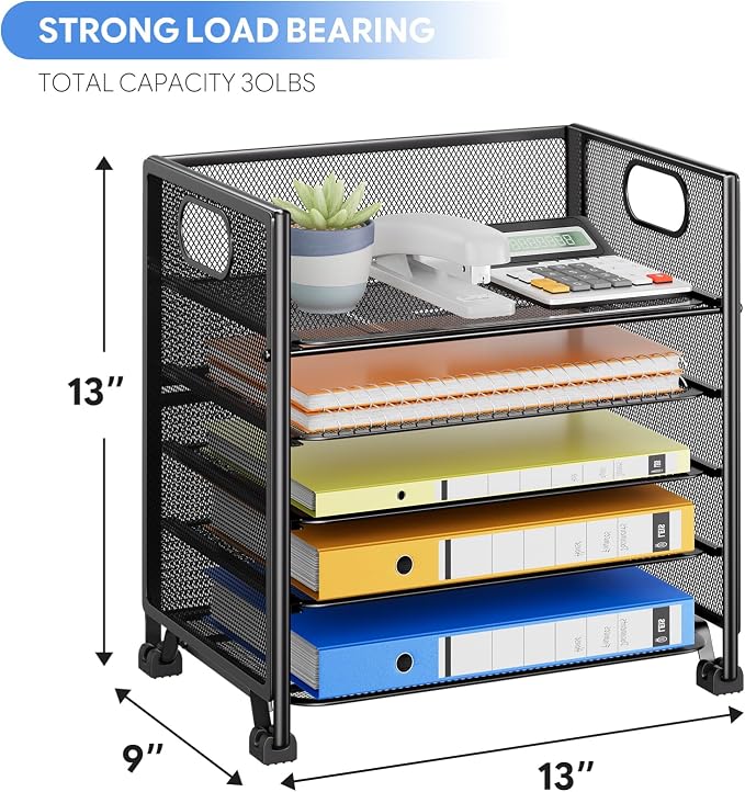 Simple Trending 5-Tier Paper Tray Organizer, File Organizer for Desk, Black | Letter Tray Holder with Handle. Sturdy Metal Frame. Non-slip Feet. Black for Office Home School. 13"L x 9"W x 13"H