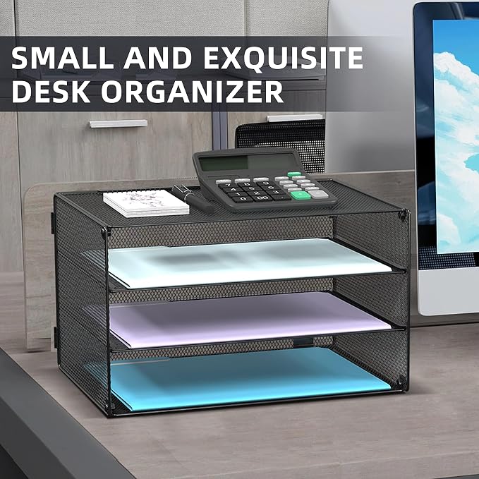DALTACK 3 Tier Letter Tray Paper Organizer with Sliding Trays Black 2 Pack | Metal Mesh File Organizer with Sliding Trays for Letter and A4 Paper, Mail, Bills, Folders and Office Documents 2 Pack