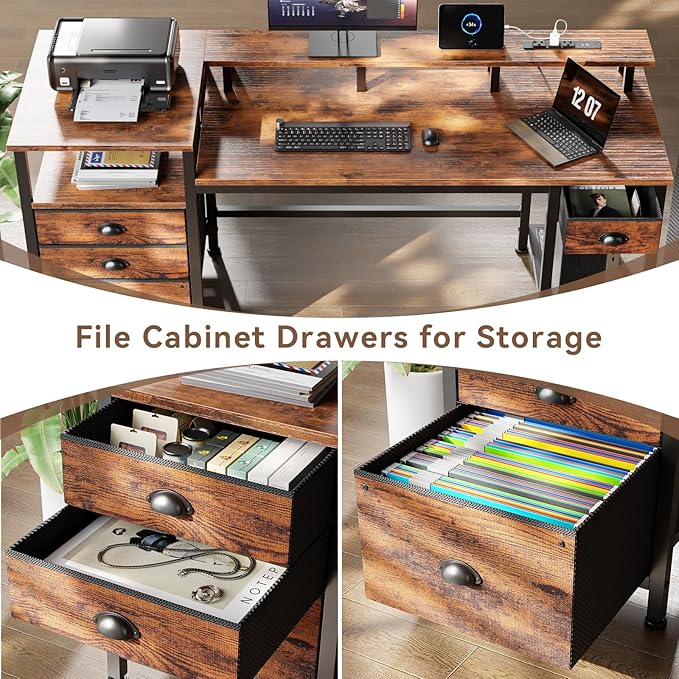 Furologee 60" Computer Desk with 4 Drawers, Power Outlet, LED, Rustic Brown | Home Office Desk with Full Monitor Stand,Storage Shelves, 4 File Drawers Cabinet ,Printer Space for Study Working Bedroom