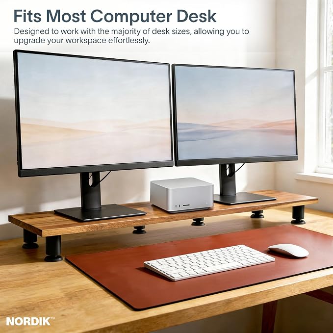 Nordik Dual Monitor Stand Riser -Hardwood Acacia Monitor Shelf (42x10.5 in) | Premium Handmade Acacia Wood Monitor Stand - Easy to Assemble Monitor Riser - Double Monitor Riser with Storage Organizer