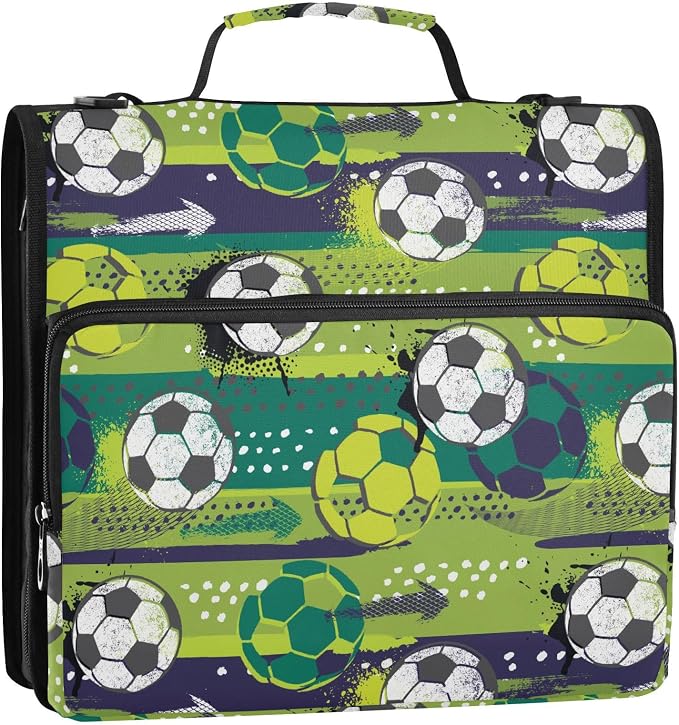 Ball Soccer Green Print Zipper Binder Bag 3 Ring with Shoulder Strap & Handle Multi Pocket Binder Organizer Bag Large Capacity for School Office Supplies