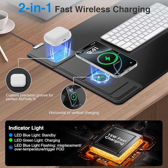 Wireless Charging Mouse Pad with Foldable Phone Holder, 31.5"x15.8", Black | Extended Desk Mat for Laptop/Keyboard, Waterproof Ultra-Smooth Surface, Non-Slip Base & 20W PD Adapter