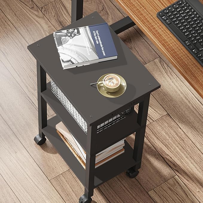TUTOTAK Printer Stand, 3 Tier Rolling Printer Cart with Charging Station | Small Under Desk Printer Table with Wheels for Small Space, Office, Home, Black PS01BK001