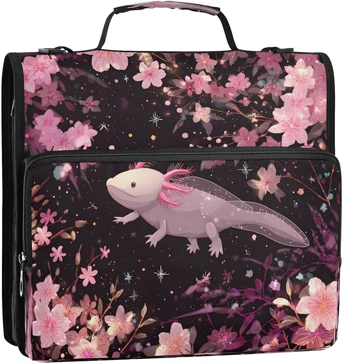 ALAZA Zipper Binder 3 Ring Cherry Blossoms Cute Axolotl Binder Organizer with Zipper and Shoulder Strap Large Capacity Multi-Pocket Trapper Keeper File Folder for Office Supplies