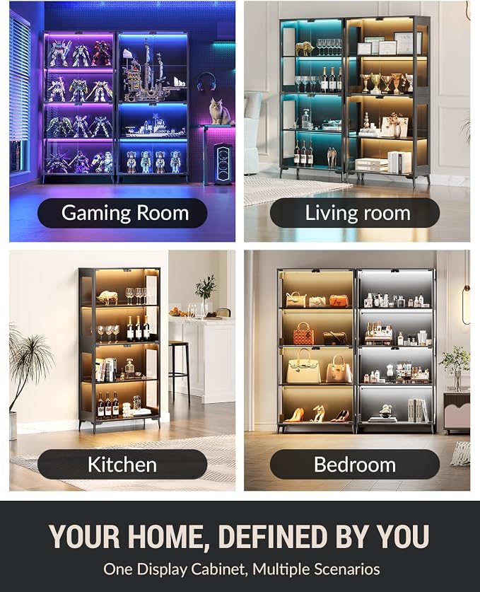 Display Cabinet with Glass Doors, 4-Tier Curio Cabinet with Adjustable Shelves, Glass Display Case for Collectibles, 60000 Color LED Lights with App & Remote Control, Metal Base Storage Cabinet, Black