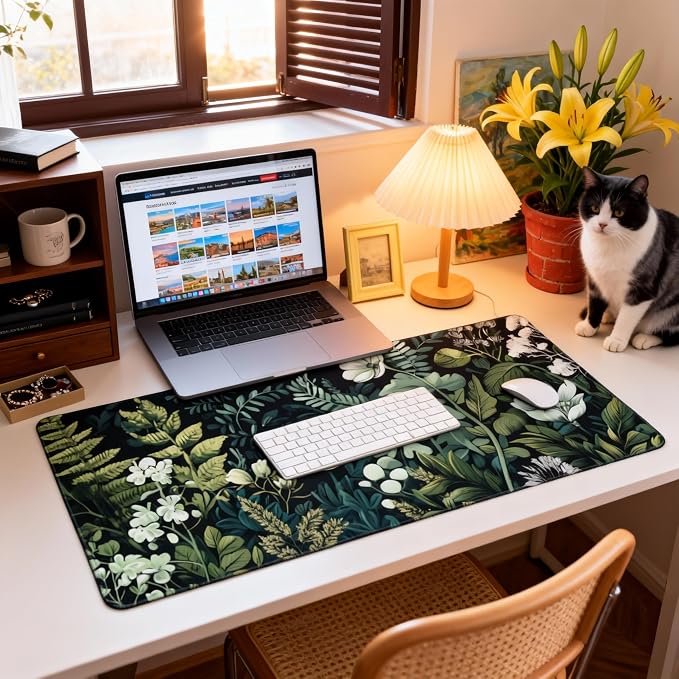 Floral Aesthetic Wildflower Gaming Mouse Pad, Forest Green Moody Forest Desk Mat with Anti-Slip Base & Stitched Edges,35.4" x 15.7" in Table Mat for Computer Desktop, Beautiful Workstation Decor