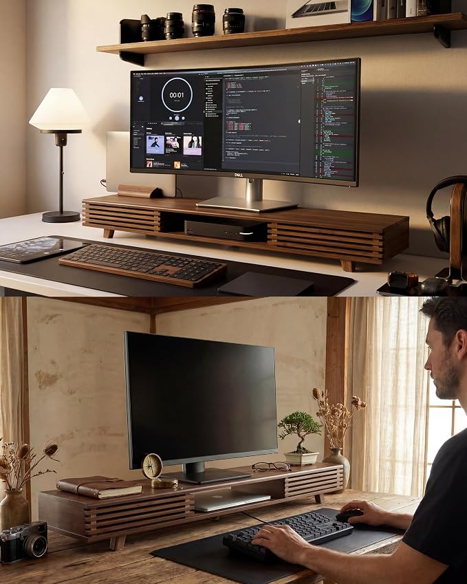 42" Dual Monitor Stand with Sliding Doors Desk Shelf Dark Bamboo | Ergonomic Relief Easy Assembly Solid Construction Cozy Workplace Computer Setup Desk Organizer High Load-bearing