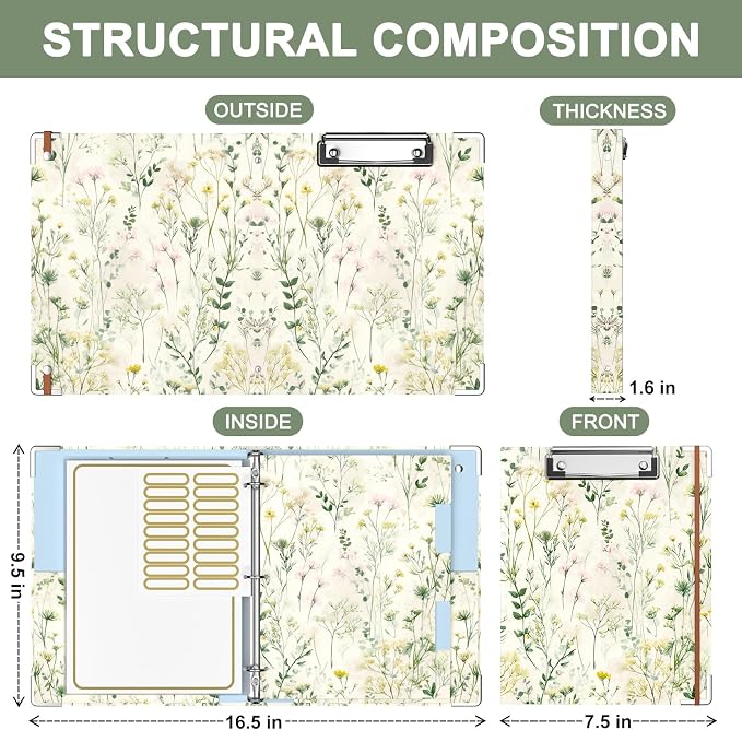 Rouidr Mini 3 Ring Binder with clipboard, 1 inch Round Binder Organizer, 8.5"x5.5" Cute Binder with 5 Dividers Tabs & Clear Sleeves, School Supplies, Office Supplies