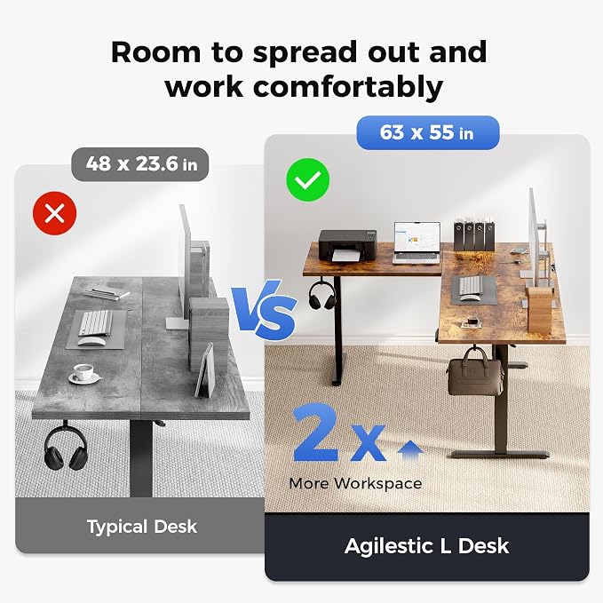 Agilestic 63 x 55 Inch L Shaped Standing Desk with Powerstrip, Rustic Brown | Outlets, Cable Management, Corner Desk, Ample Workspace, Memory Presets, Hooks, Stable Steel Frame,176 lbs, Splice Board