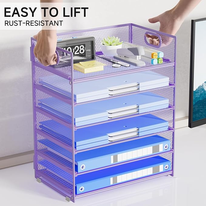 Purple Paper Organizer for Desk with Handle, 6-Tier | Metal Mesh File Organizer, Stackable Desktop Organizer for Office Supplies & Stationery Storage