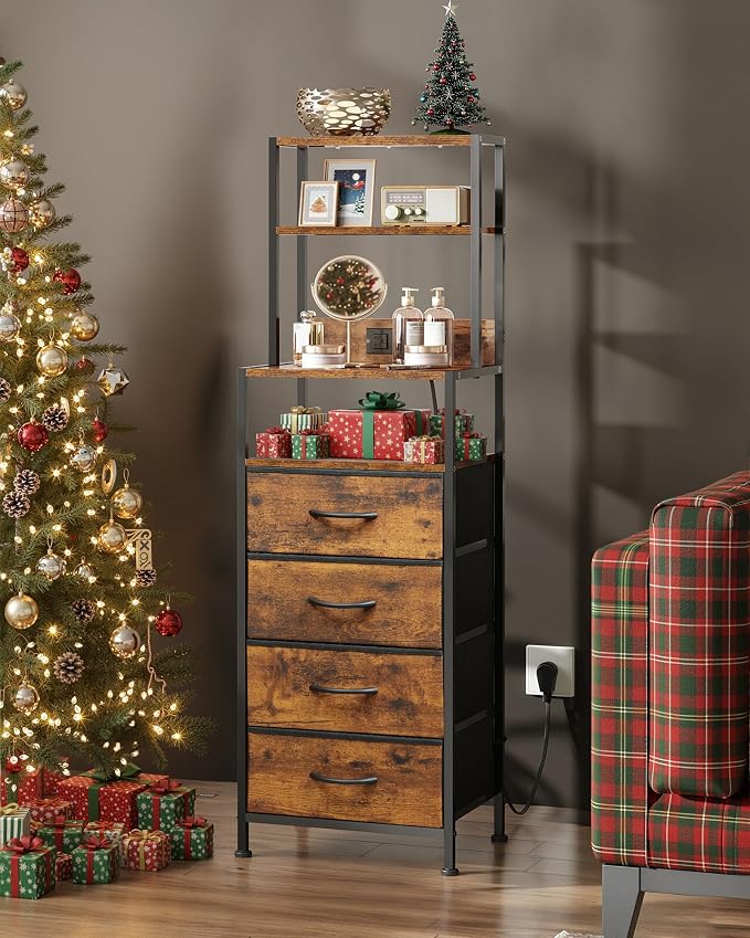 WLIVE Tall Nightstand with Charging Station, LED Night Stand with 4 Drawers and Storage Open Shelves, Fabric Dresser for Bedroom, Office, Rustic Brown