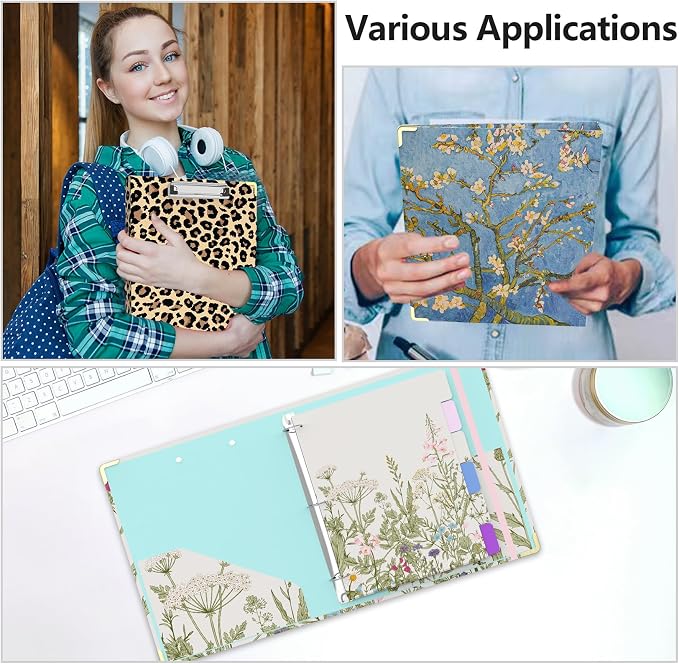 Almond Tree 3 Ring Binder - 1 Inch Round with 6 Tab Dividers, 2 Interior Pockets, Cute Clipboard for School & Office
