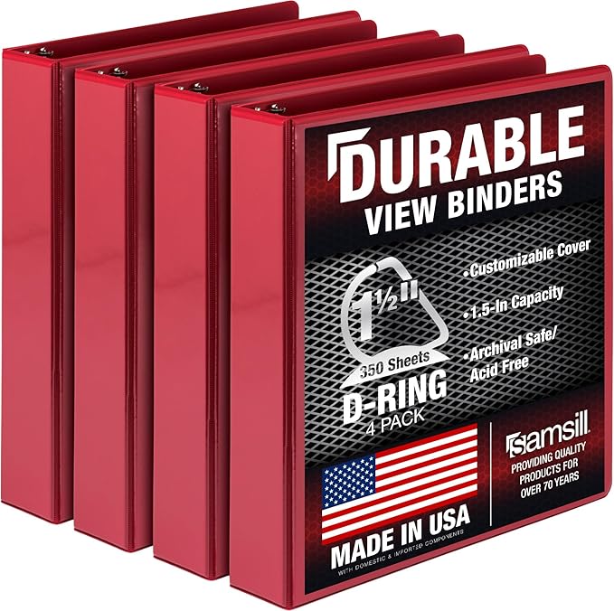 Samsill Durable 1.5 inch 3 Ring Binder, D Ring Binder, 100% Recycled Chipboard, Red, 4 Pack