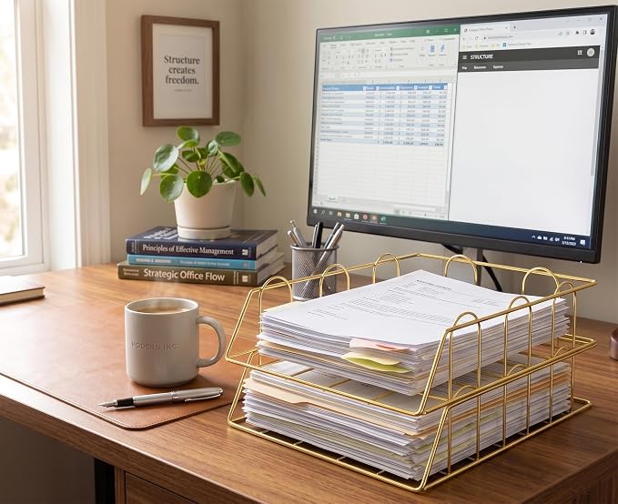 Gold Stackable W 9.75" X L 12" Desk Organizer Tray Set (2-Tier)