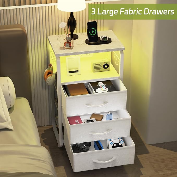 runjuly End Table Small with LED Light, Charging Station, and Hooks, White | 3 Fabric Drawer Storage, Type C & USB Ports & Power Outlets, Modern Nightstand for Living Room / Bedroom / Dorm