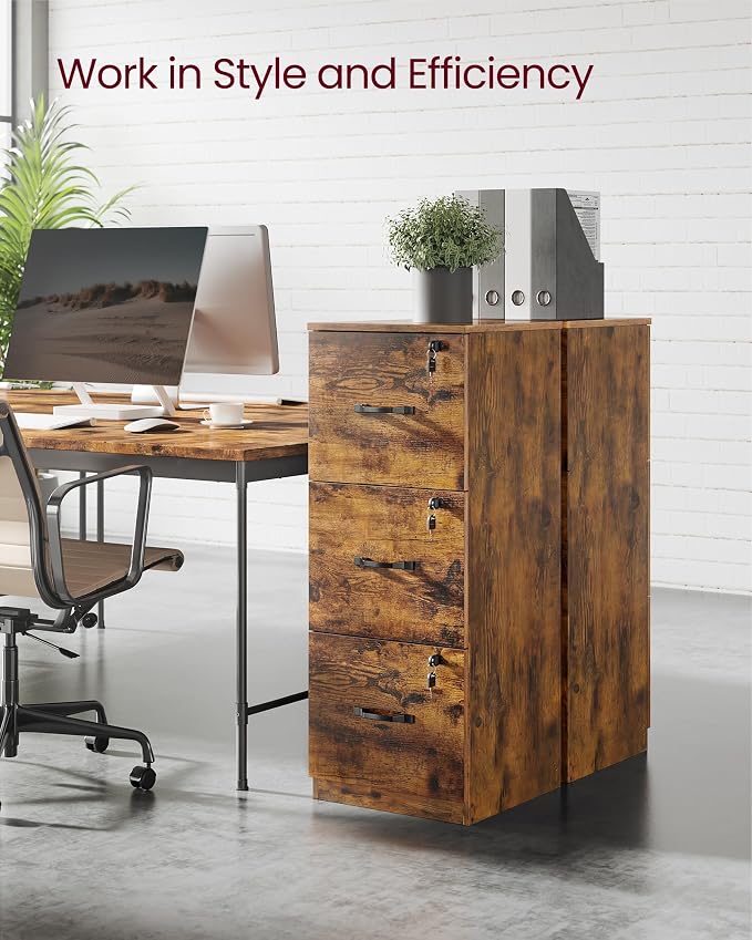 VASAGLE File Cabinet, 3 Drawer Filing Cabinet for Home Office, with Locks, for A4, Letter Sized Documents, Hanging File Folders, Rustic Brown UOFC055K101S