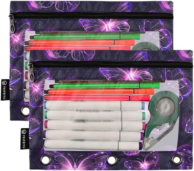 Butterflies Purple Neon Pencil Pouch for 3 Ring Binder, 2 Pack Waterproof Pencil Bags Clear Window Pencil Case Zipper School Office Supplies