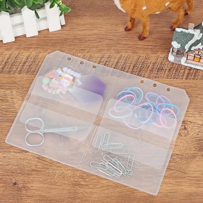30pcs Quartering A5 Binder Pocket no Zipper Clear Budget Planner Inserts Bulk Binder Organizer Cash Envelopes for Budgeting Waterproof PVC Loose Leaf Bags Card Sleeves for 6 Ring Notebook