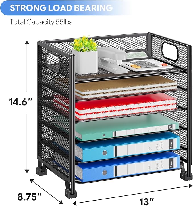 Simple Trending 6-Tier Paper Tray Organizer, File Organizer for Desk, Black | Letter Tray Holder with Handle. Sturdy Metal Frame. Non-slip Feet. Black for Office Home School. 13"L x 8.75"W x 14.6"H