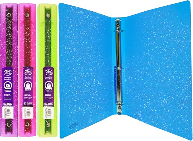 BAZIC Products 1" Glitter Poly 3-Ring Binder, 1 Pocket, 4-Set | round rings, 1 in glitter poly 3-ring binder, 1 inside pocket, holds up to 175 sheets, Durable poly