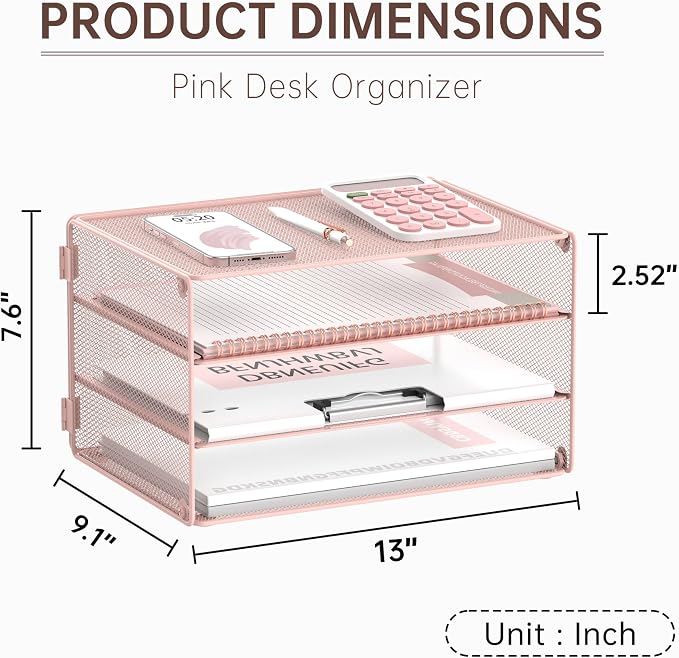 DALTACK 3 Tier Letter Tray Paper Organizer with Sliding Mesh Trays Pink | Metal Mesh File Organizer with Sliding Trays for Letter and A4 Paper, Mail, Bills, Folders and Office Documents