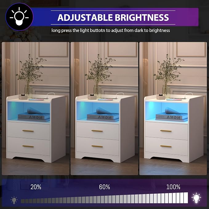 dnbss RGB Nightstand with Charging Station, Smart Bedside Table, White | LED Night Stand, 2 Drawers, 1 Compartment, Human Body Sensor, Modern End Side Table for Bedroom Living Room Office Storage