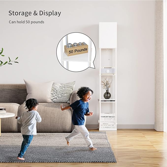 SUNMORY Floor Lamp with Shelves, Standing Lamps for Living Room, White | 3 CCT LED Bulb Include, 4-Tier Display Bookshelf, 63" Tall Corner Shelf Lamp, Modern Style for Bedroom, Office, Home Decor